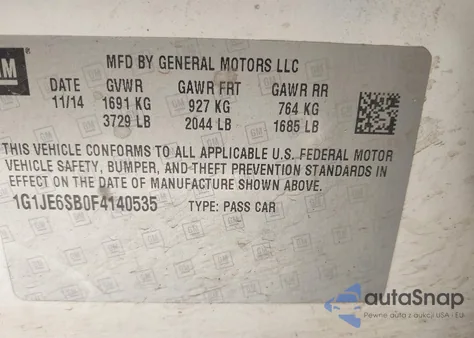 2015 Chevrolet Sonic Ltz Auto from USA, damaged, VIN 1G1JE6SB0F4140535